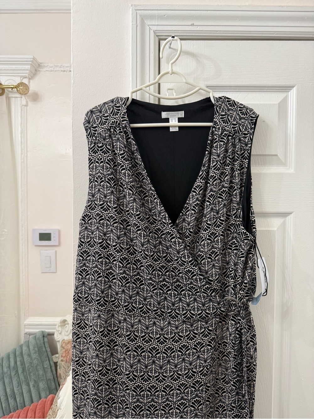 London Times Black and White Sleeveless Wrap Midi Dress